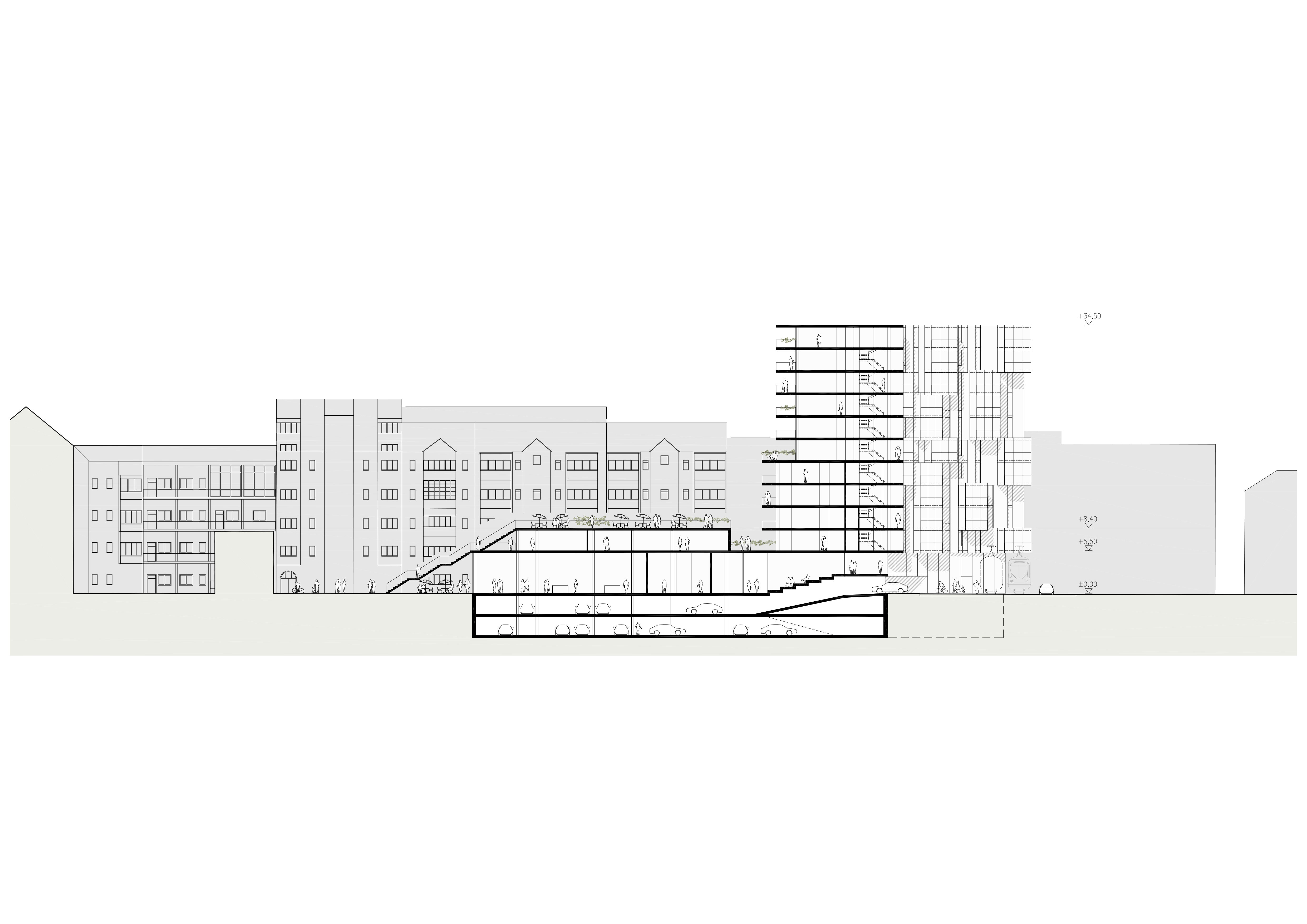 Schnitt AA Bebauung Amraserstraße - Pradlerstraße / Innsbruck / Tirol